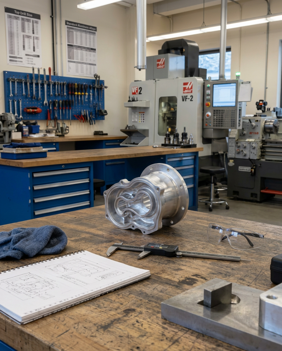 Machined aluminum parts, digital calipers, and precision tools on a workshop bench with a CNC mill in the background