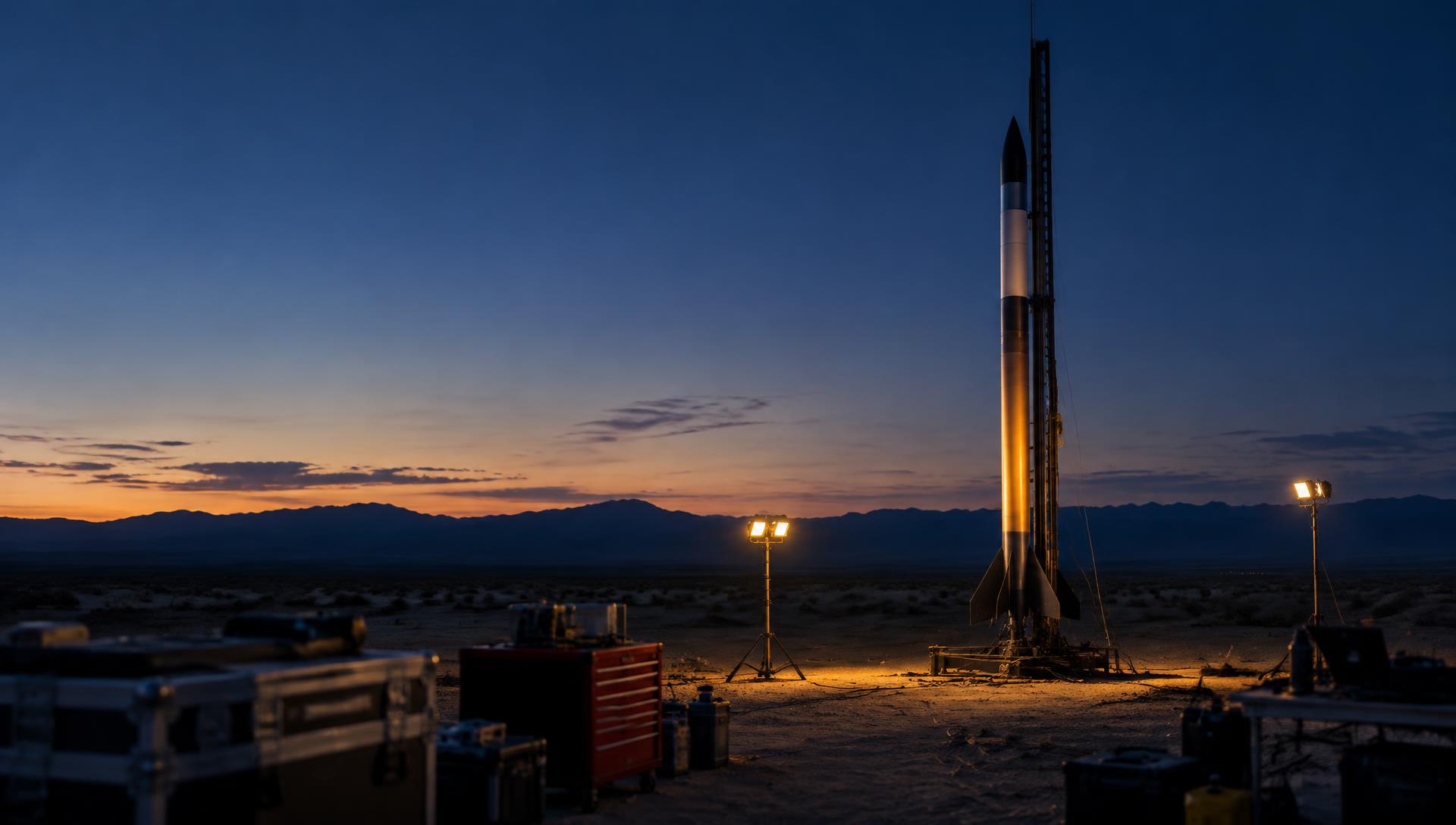 High-power rocket on a launch rail under work lights at desert dusk