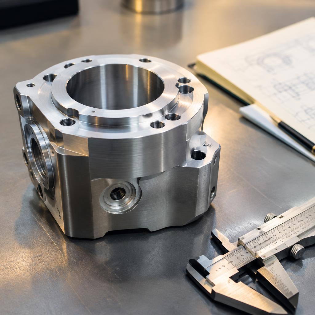 Precision-machined aluminum component with calipers