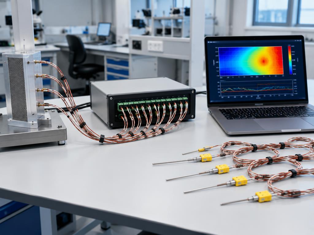 Custom thermal data acquisition system with thermocouples on a laboratory bench
