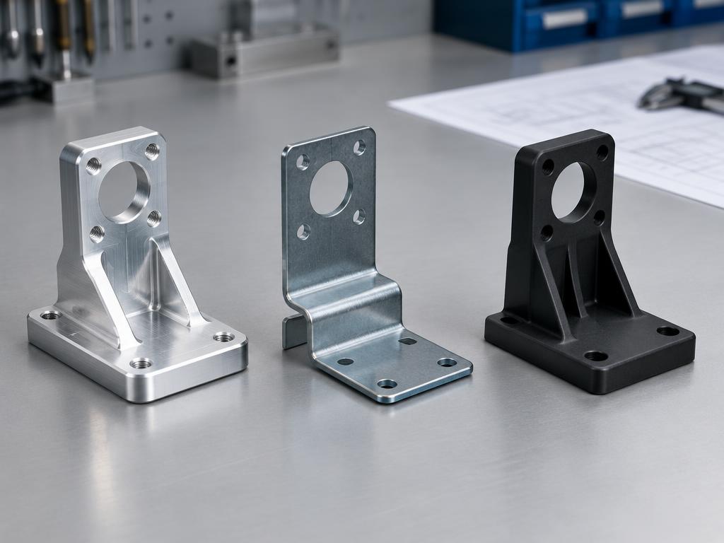 CNC, sheet-metal, and molded versions of the same mechanical bracket