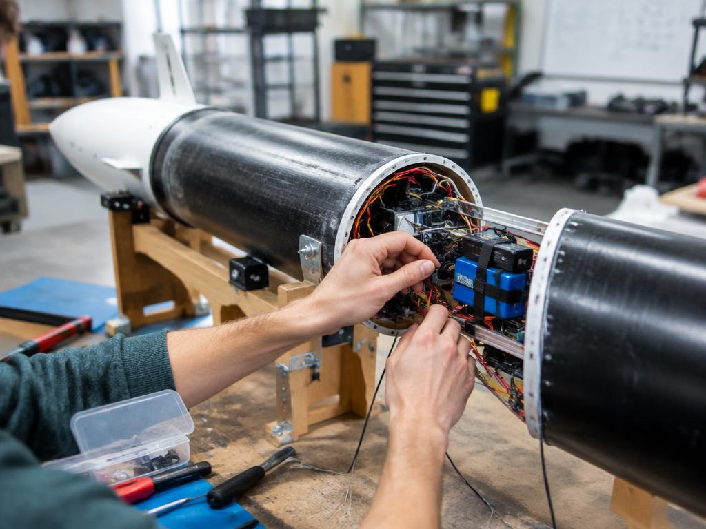 High-power rocket recovery bay open on a workshop test stand