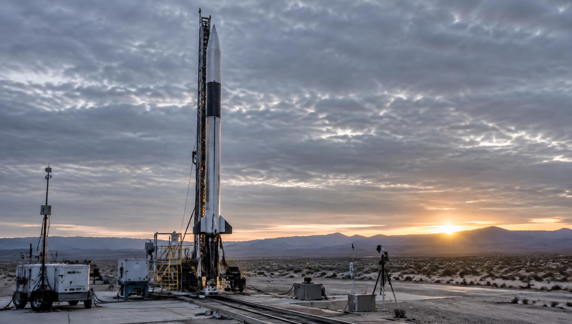 High-power rocket on a desert launch rail at dawn