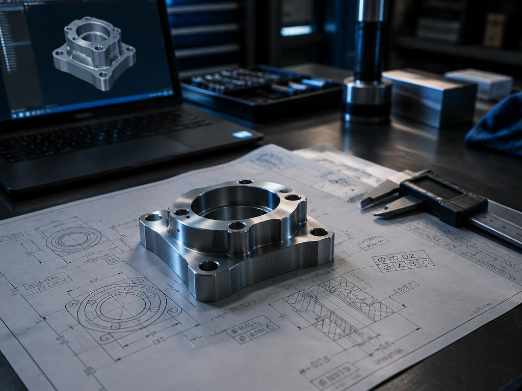 Machined aluminum part on a GD&T engineering drawing