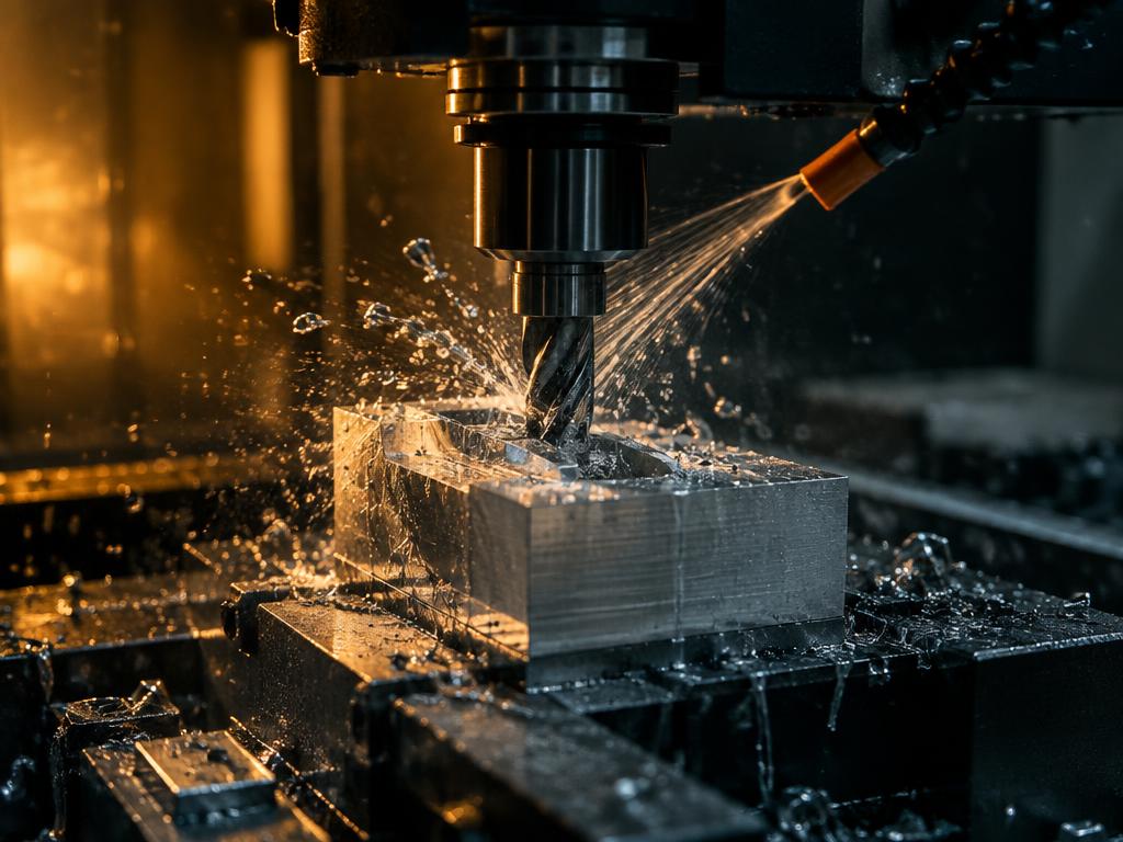 CNC mill cutting aluminum with coolant spray
