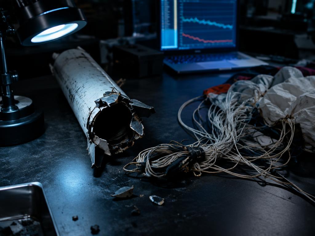 Fractured rocket component under an inspection lamp