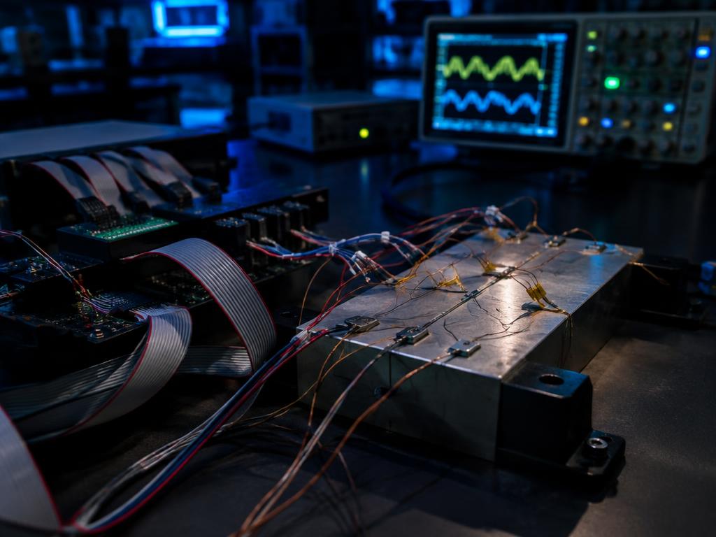 Custom DAQ electronics and sensors wired to a test specimen